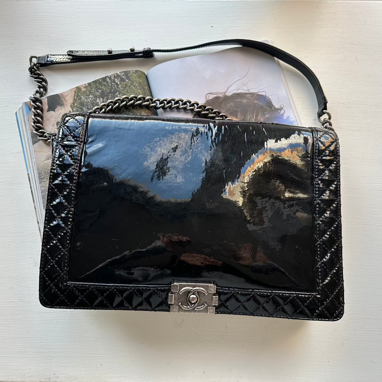 Chanel Large Patent Leather Reverso Boy Bag