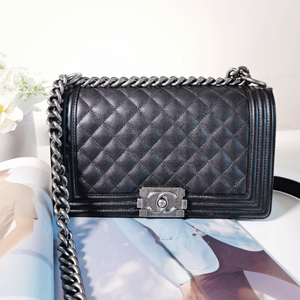 Chanel Microchipped Caviar Quilted Medium Boy Black Silver