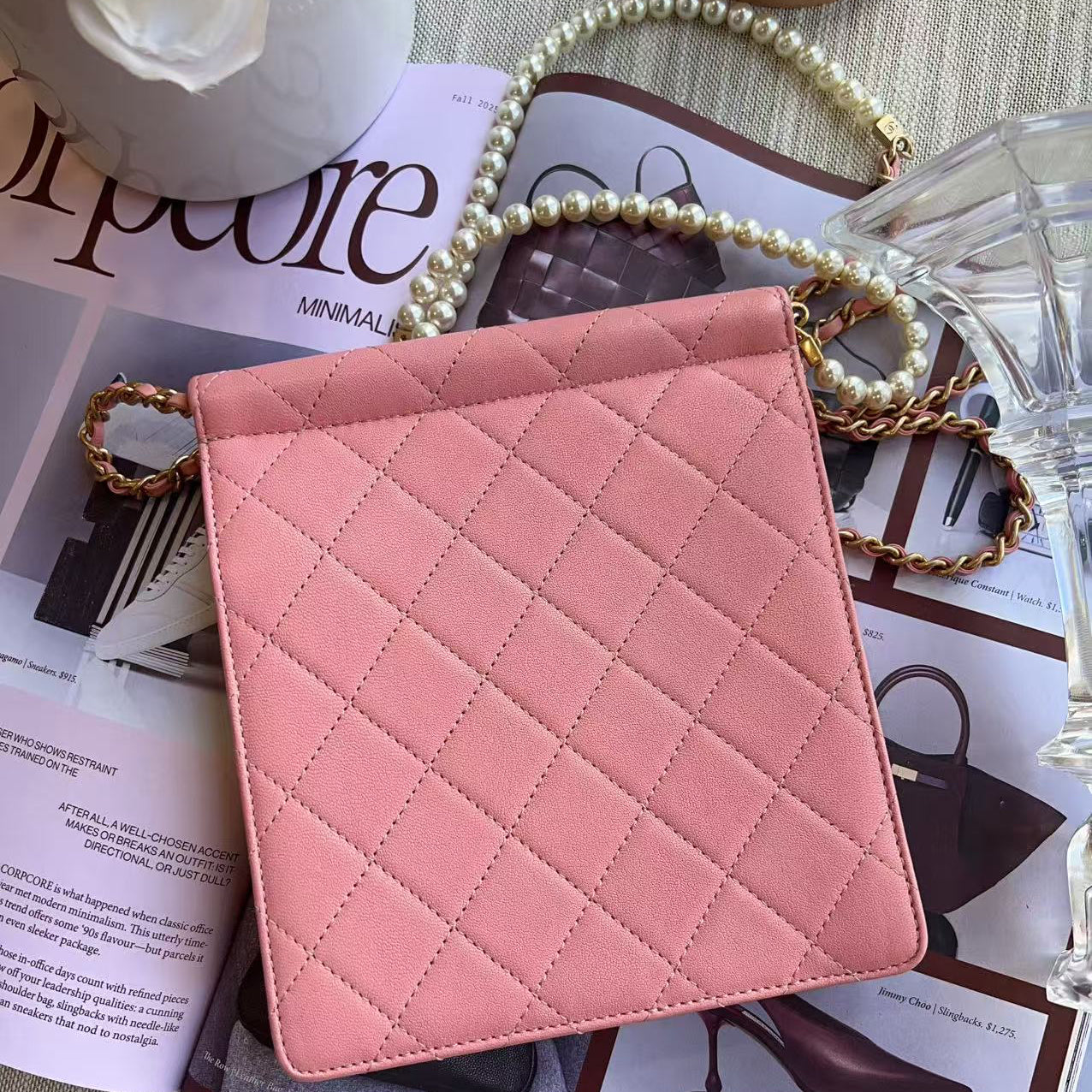 Chanel Mini Pearl Chain Pink Vertical Flap Bag