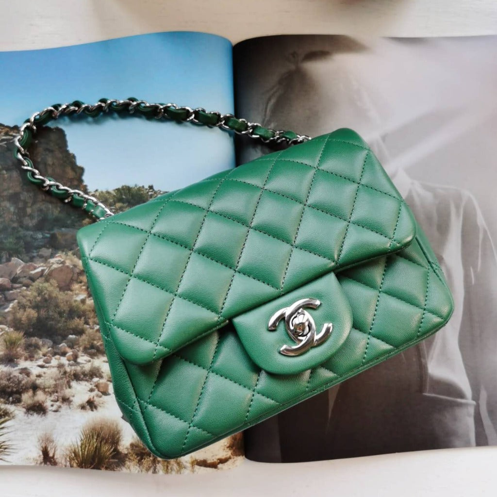 Chanel Mini Square Quilted Flap Bag Green Lambskin Silver Hardware