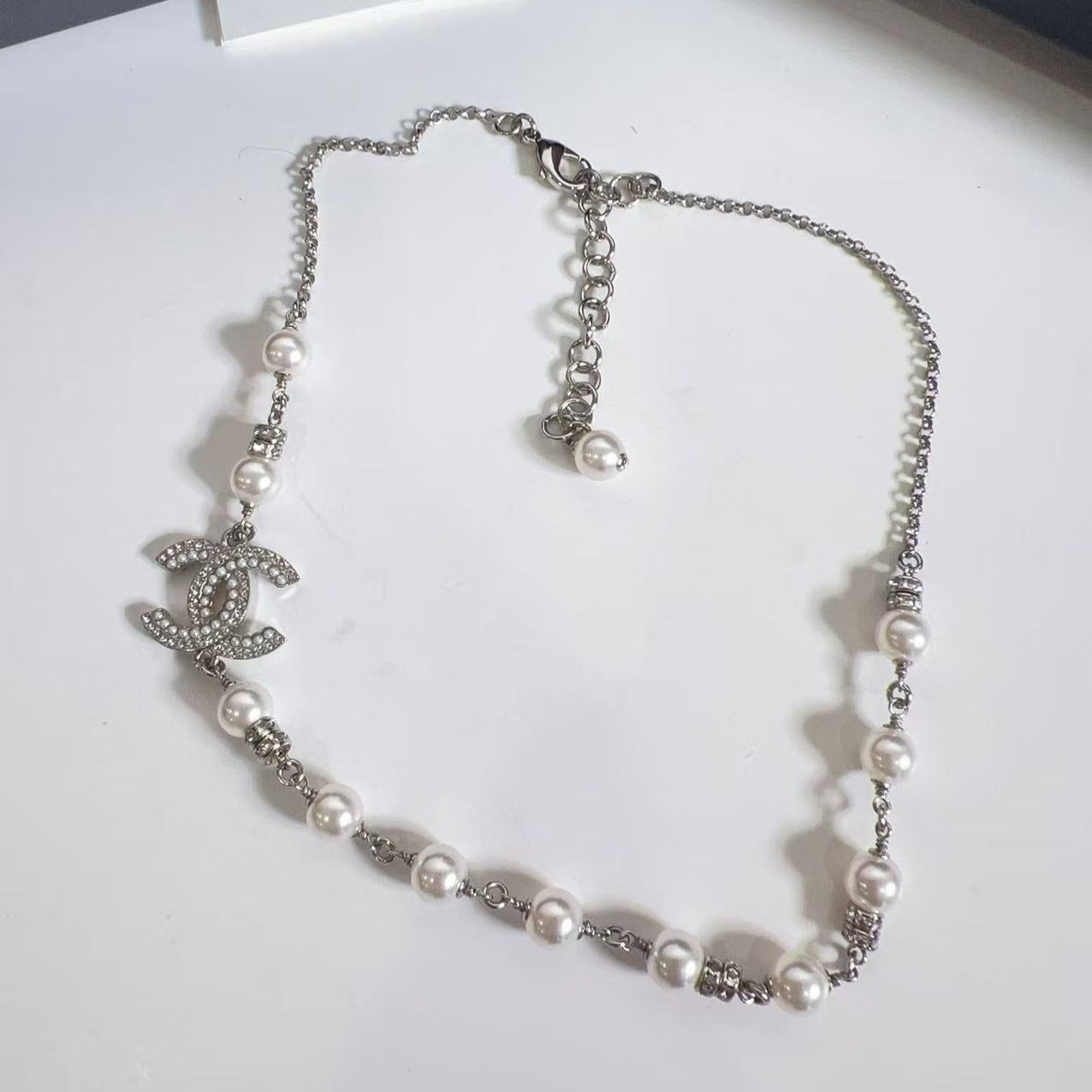 Chanel Pearl and Silver Chain CC Crystal Choker
