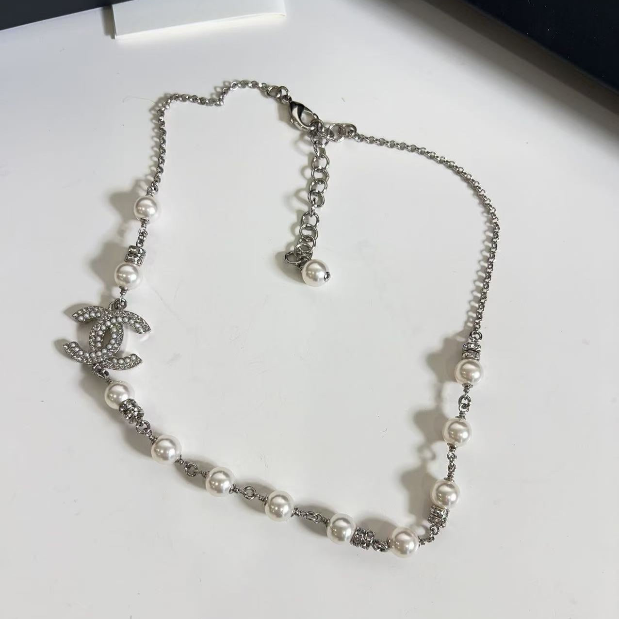 Chanel Pearl and Silver Chain CC Crystal Choker