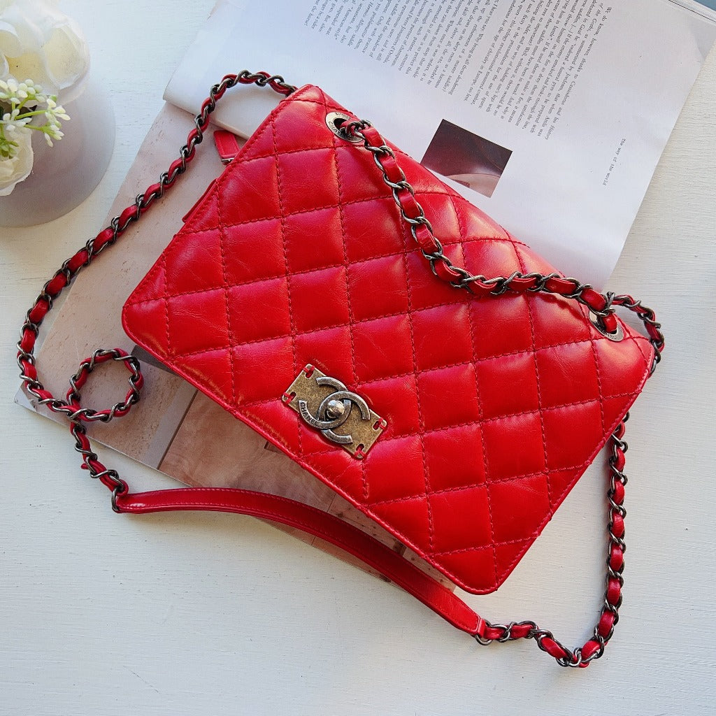 Chanel Red Quilted Calfskin Leather Classic Flap Bag