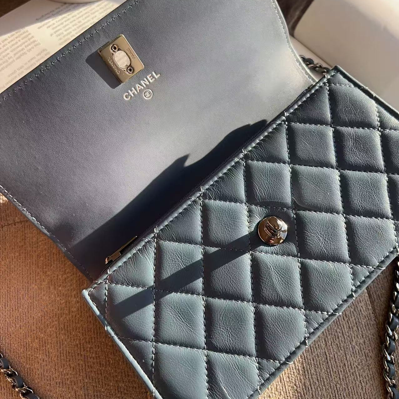 Chanel Top Handle Wallet on Chain Light Blue