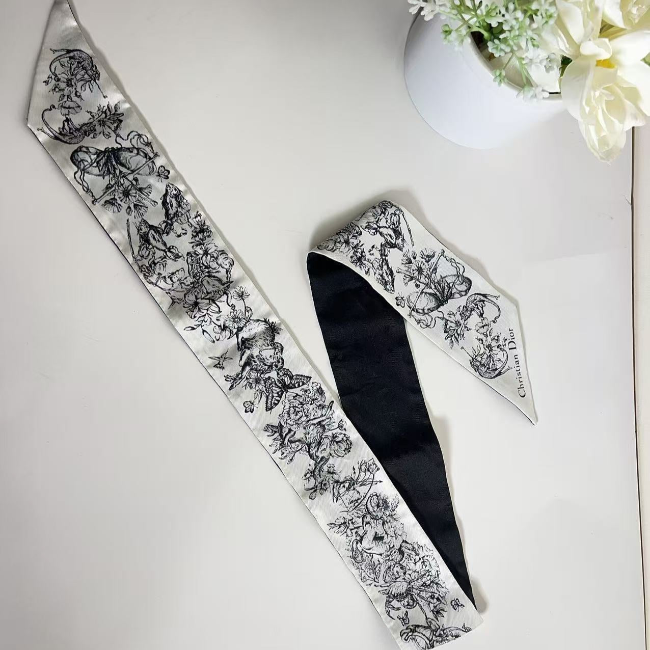 Christian Dior Silk Zodiac Mitzah Scarf White Black