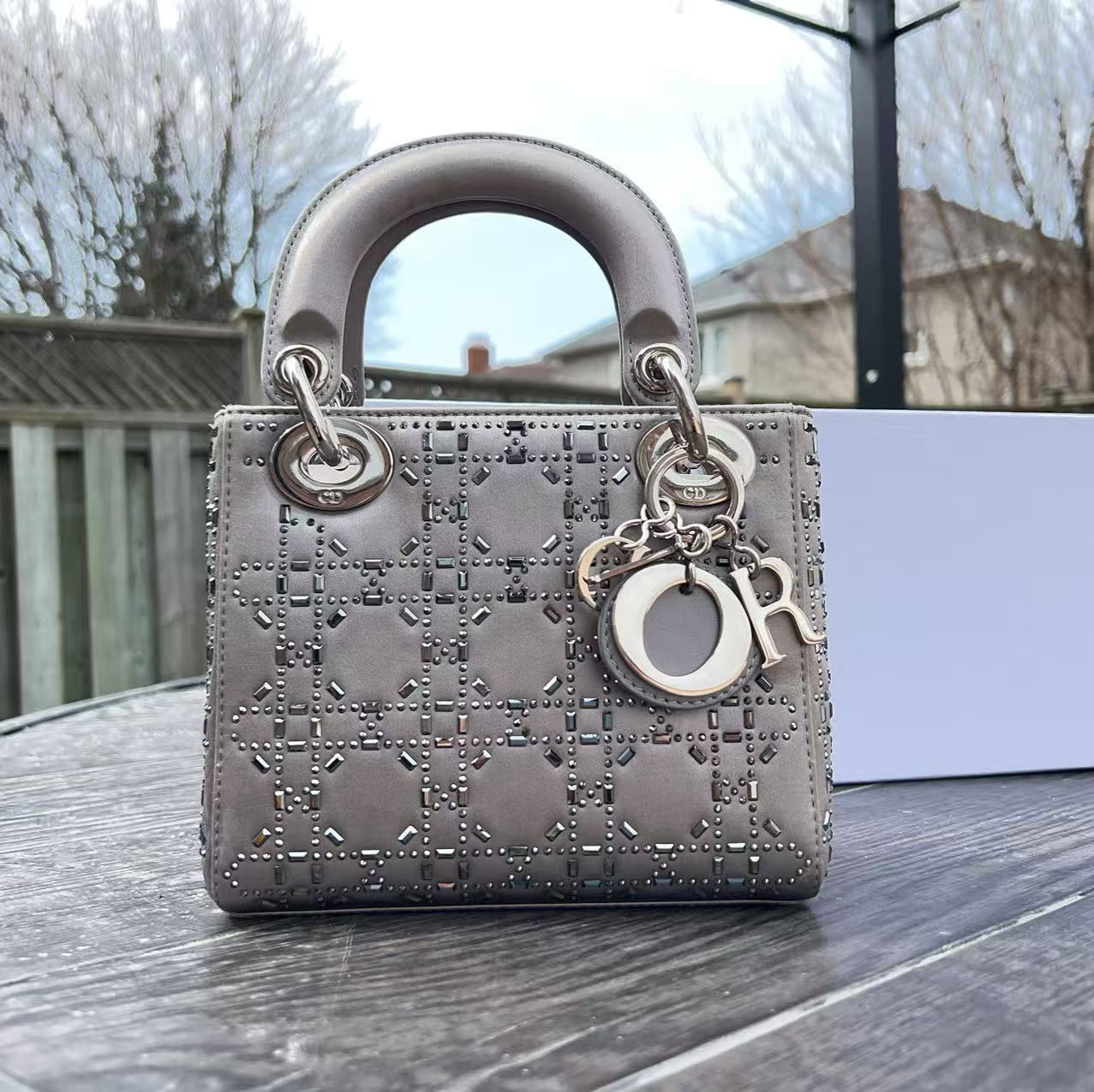 Dior Mini Beaded Satin Cannage Lady Dior Satchel Silvery