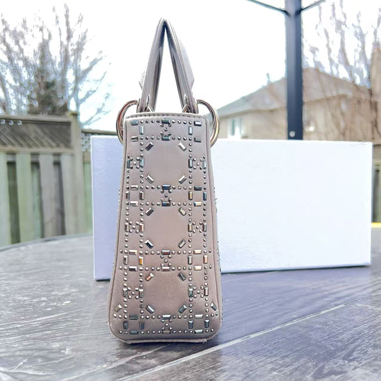 Dior Mini Beaded Satin Cannage Lady Dior Satchel Silver