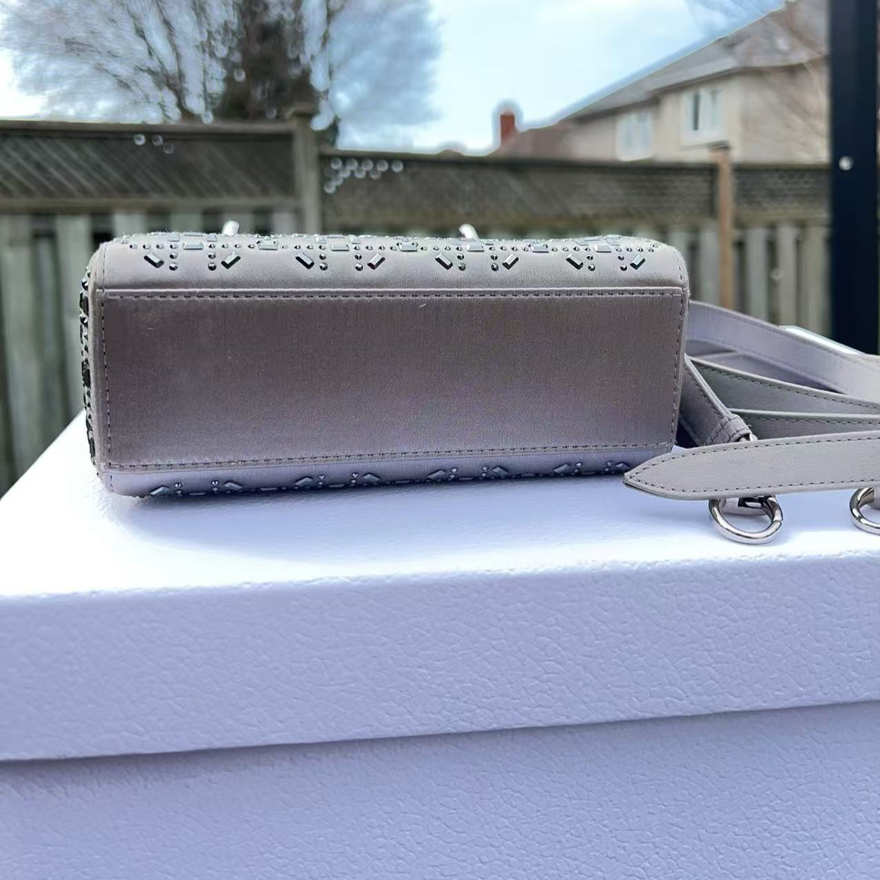Dior Mini Beaded Satin Cannage Lady Dior Satchel Silver