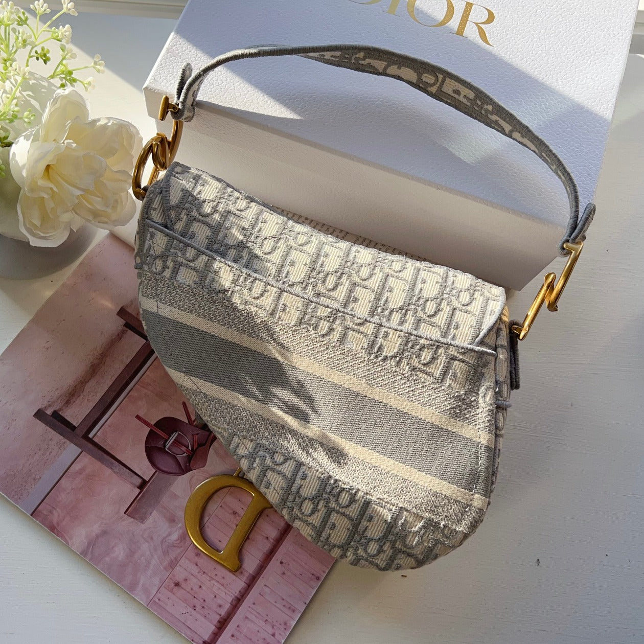 Dior Saddle Bag Medium Grey Ivory Aged Gold Hardware