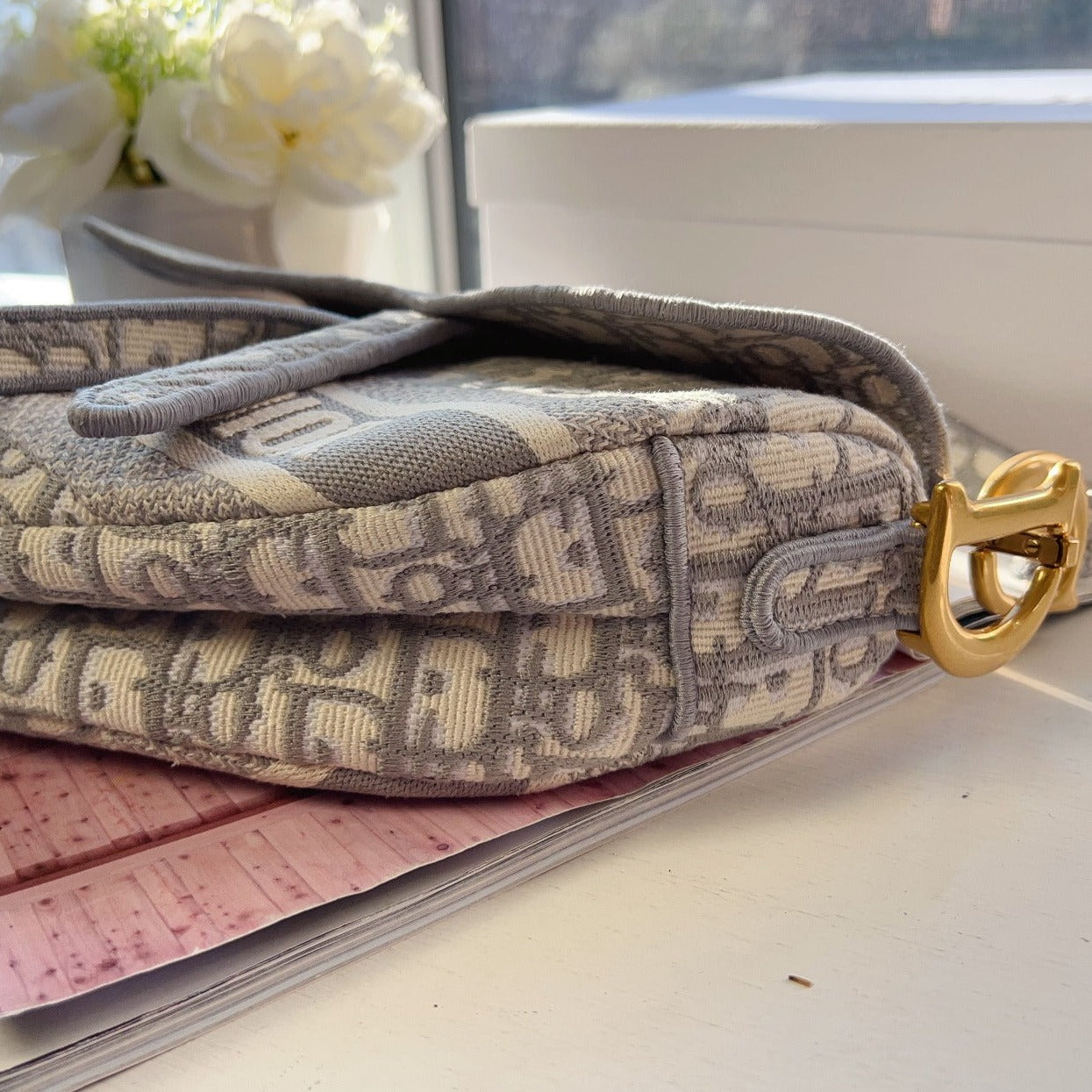 Dior Saddle Bag Medium Grey Ivory Aged Gold Hardware