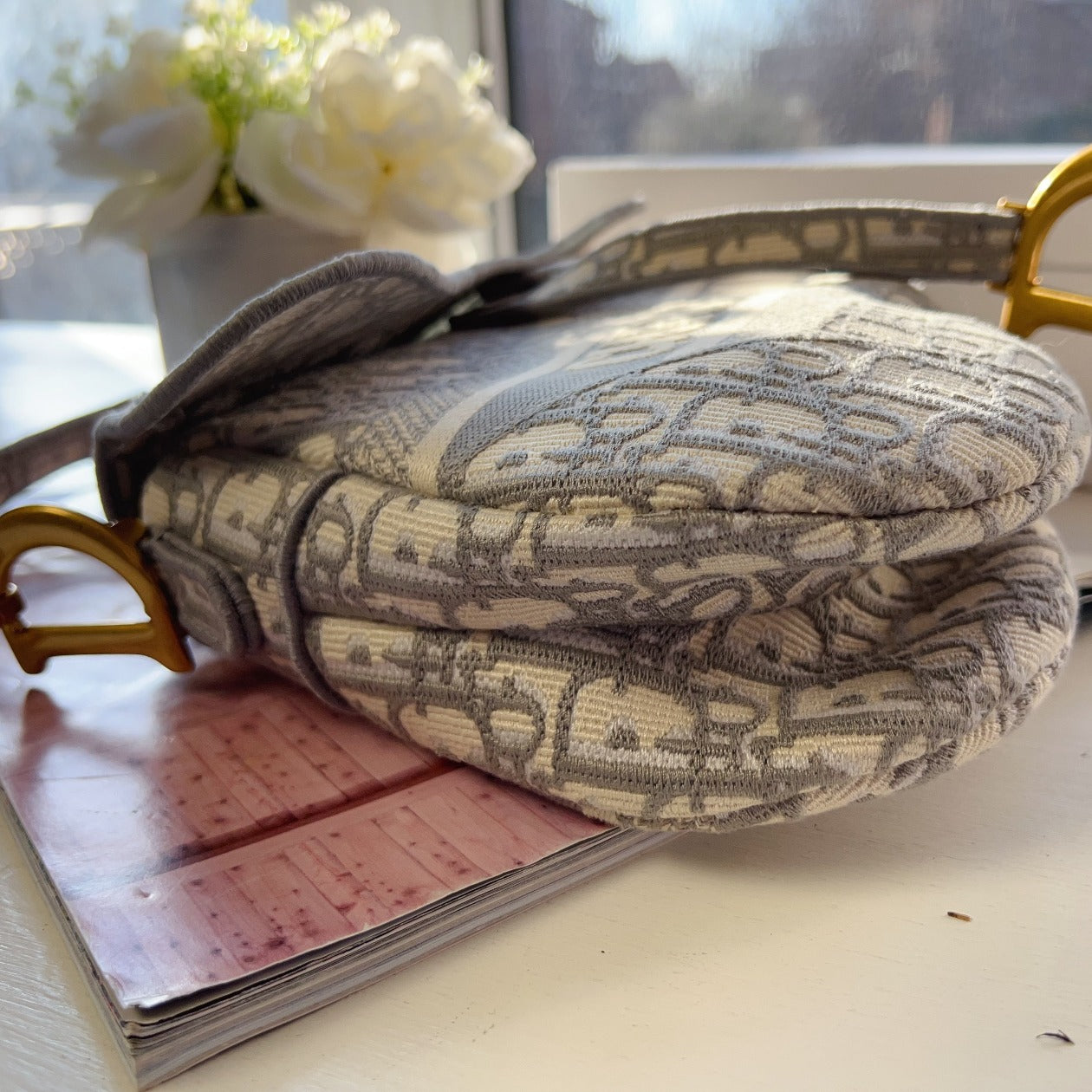 Dior Saddle Bag Medium Grey Ivory Aged Gold Hardware