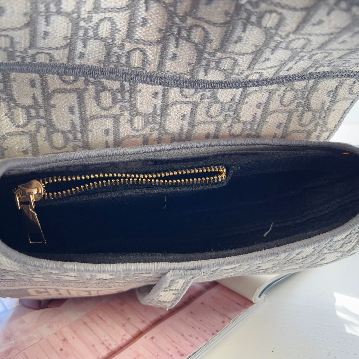 Dior Saddle Bag Medium Grey Ivory Aged Gold Hardware