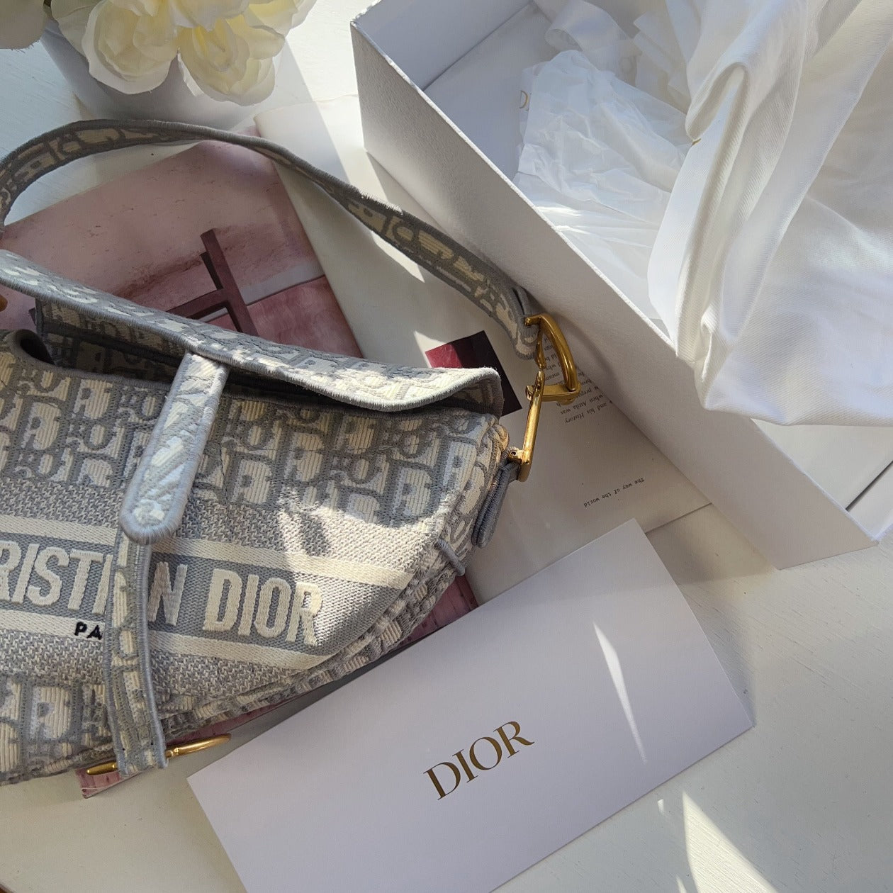 Dior Saddle Bag Medium Grey Ivory Aged Gold Hardware