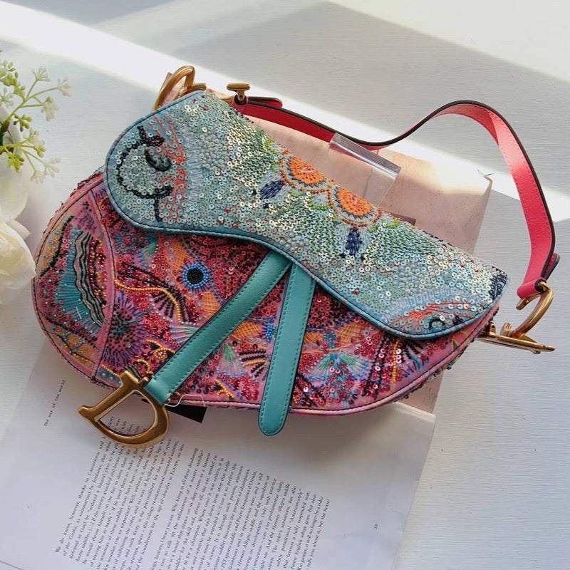 Dior Saddle Sequin Embroidery Shoulder Bag Pink Blue luxhub