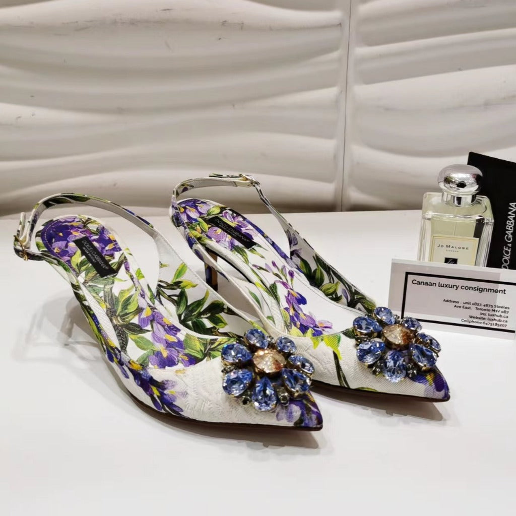 Dolce & Gabbana Multicolor Canvas Floral Crystal Bellucci Slingback Sandals size38