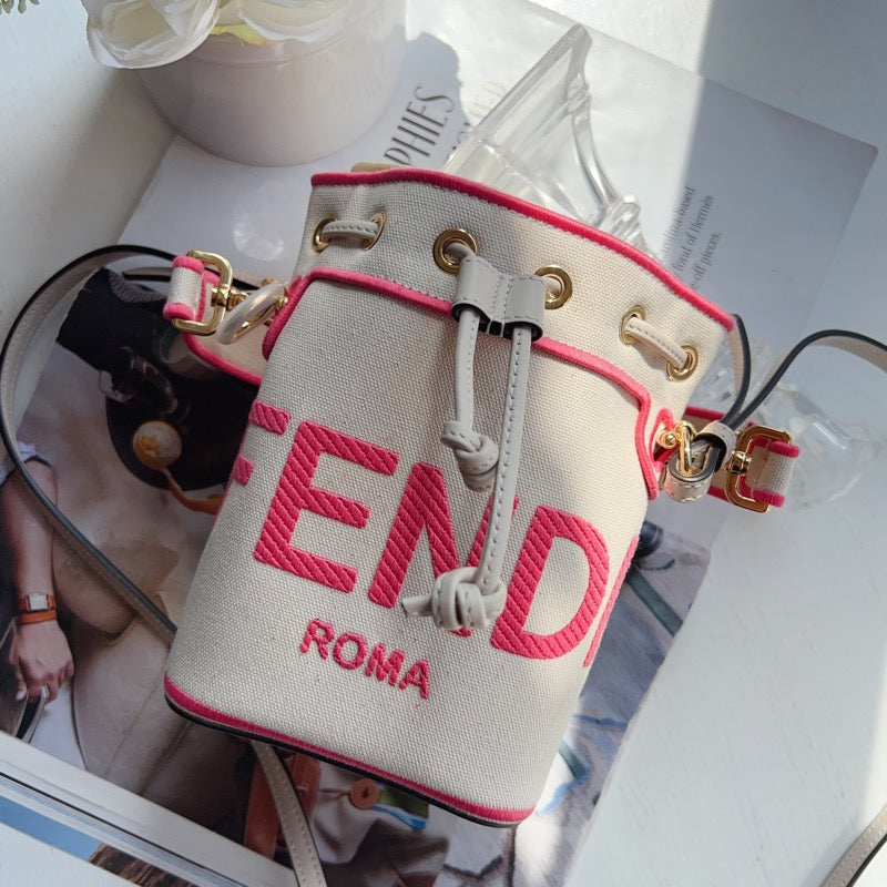 Fendi White Mini Canvas Embroidered Logo Bucket Mon Tresor
