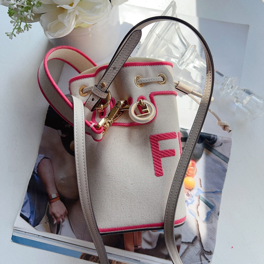 Fendi White Mini Canvas Embroidered Logo Bucket Mon Tresor