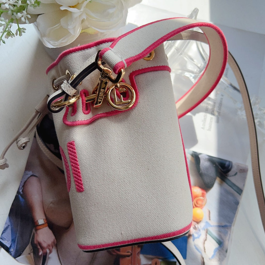 Fendi White Mini Canvas Embroidered Logo Bucket Mon Tresor