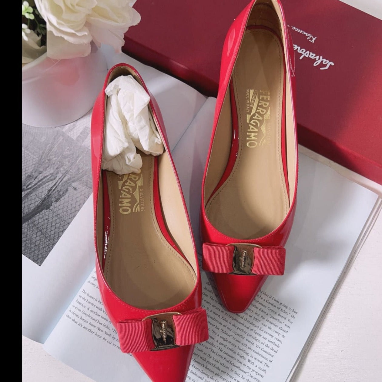 Ferragamo Patent Leather Zeri Pointed Toe Ballet Flats