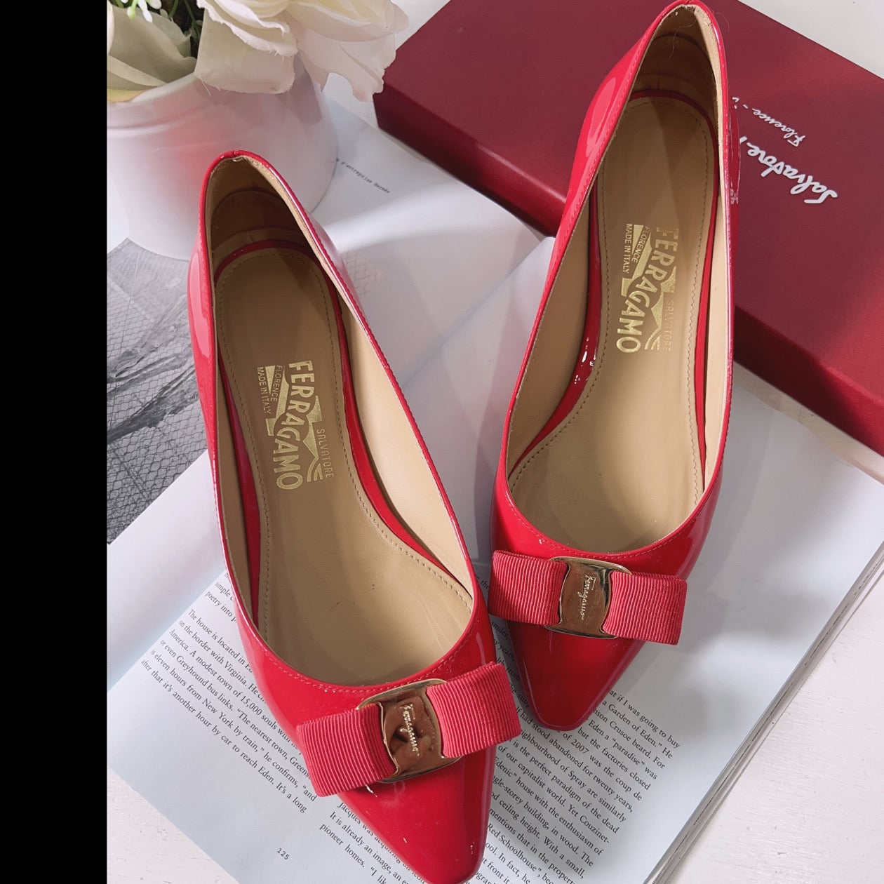 Ferragamo Patent Leather Zeri Pointed Toe Ballet Flats