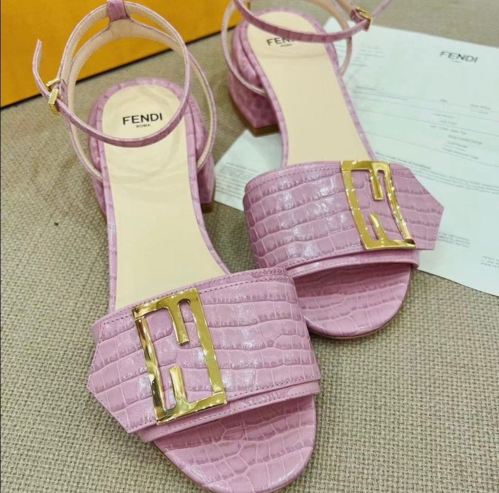 Fendi Croc Sandals Embossed Leather Promenade Ankle Strap Pink