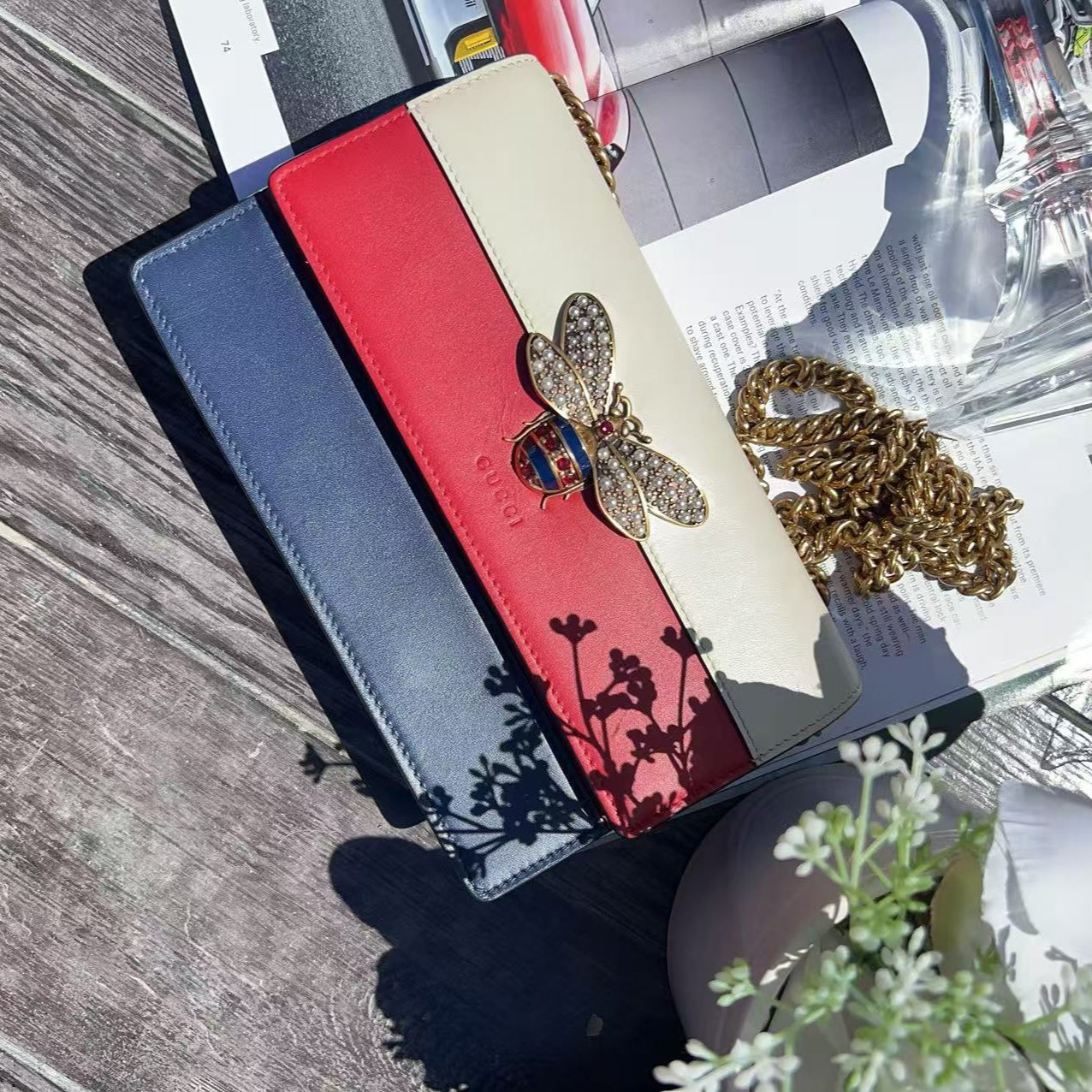GUCCI RED NAVY QUEEN MARGARET WALLET ON CHAIN