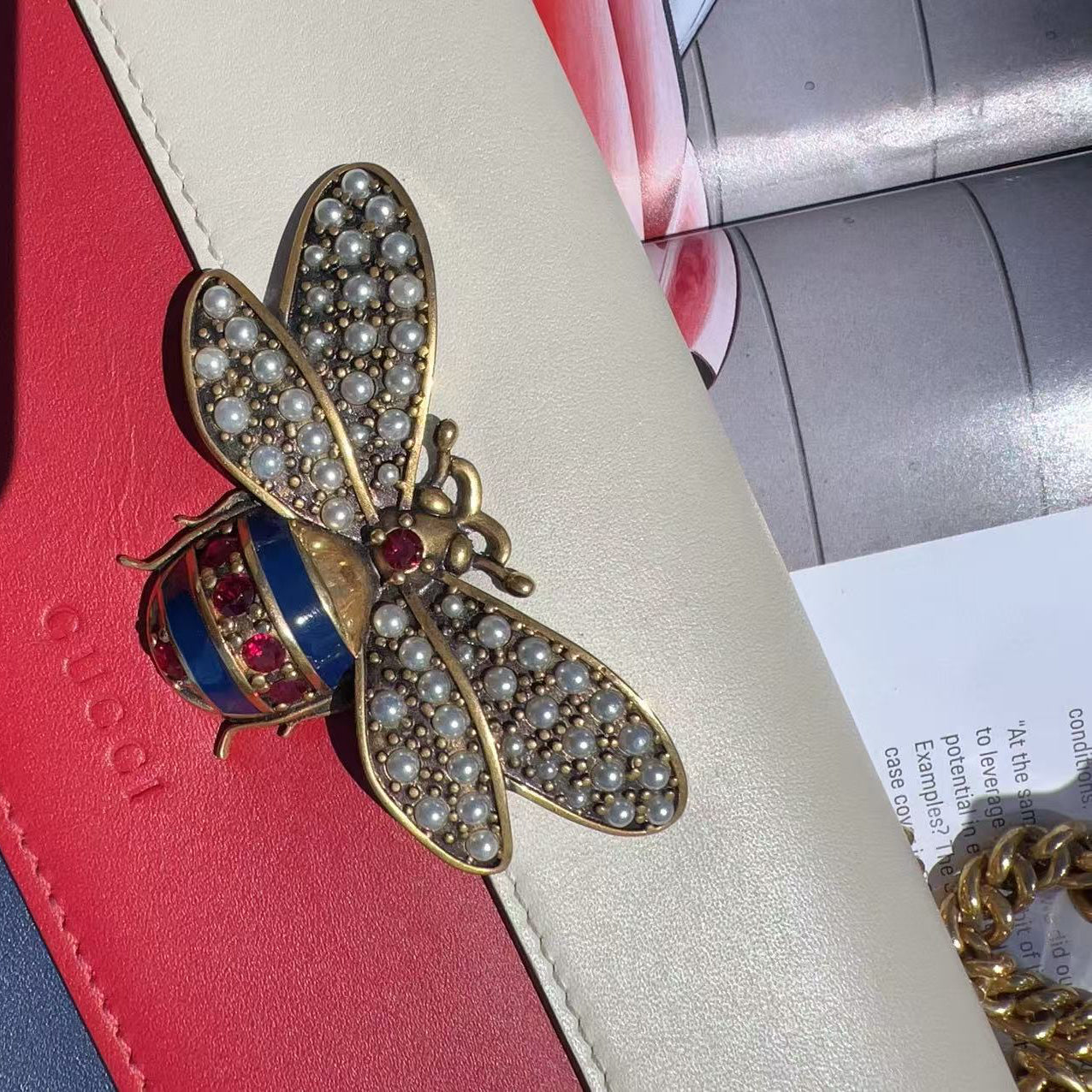 GUCCI RED NAVY QUEEN MARGARET WALLET ON CHAIN