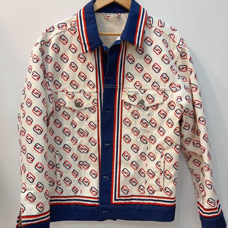 Gucci Logo Jacket Monogram Denim GG Printed Twill Jacket in White Size44