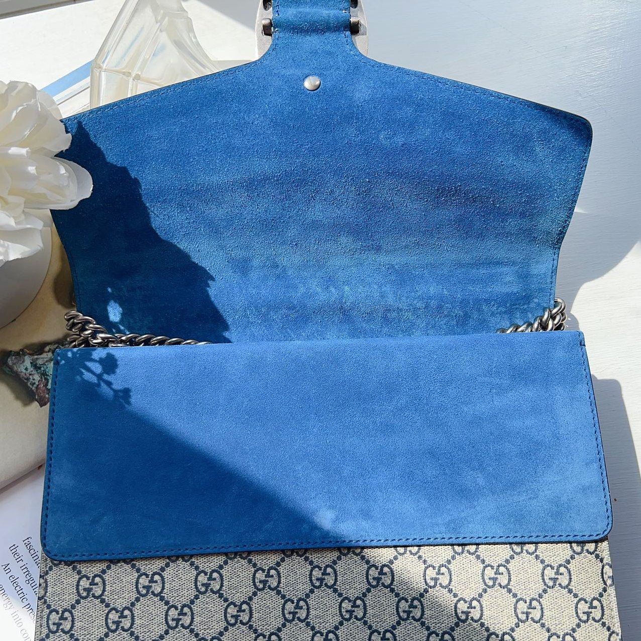 Gucci Supreme Monogram Blooms Medium Dionysus Bag Beige Navy Blue
