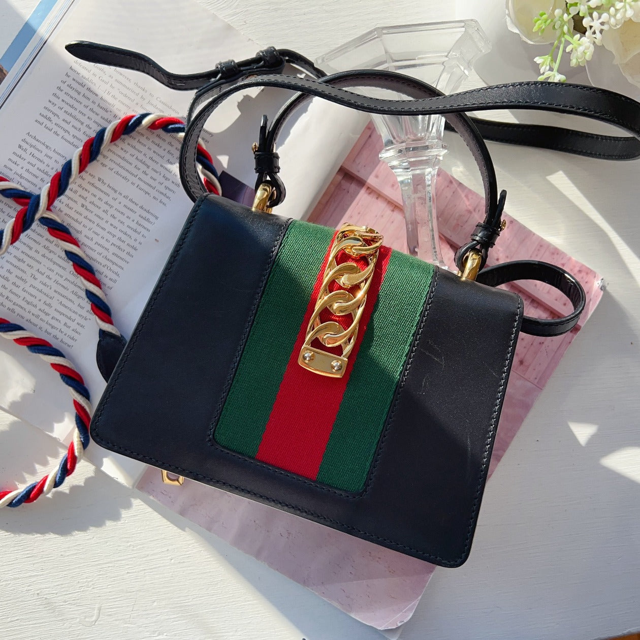 Gucci Calfskin Mini Sylvie Top Handle Bag Black