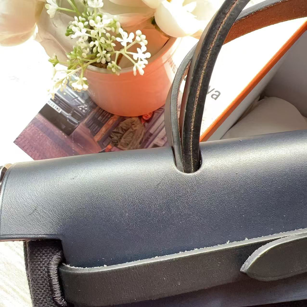 Hermes Herbag Zip Retourne 31 PM Toile Vache Hunter Black and Dark Blue PHW