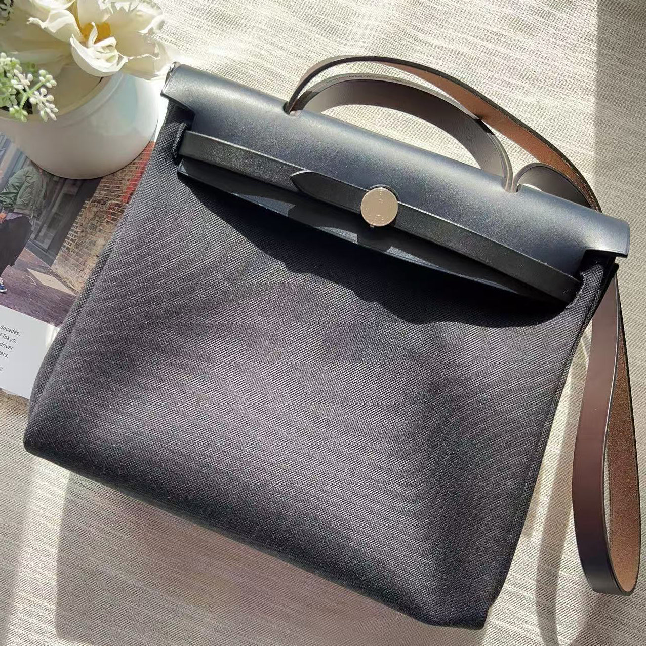 Hermes Herbag Zip Retourne 31 PM Toile Vache Hunter Black and Dark Blue PHW