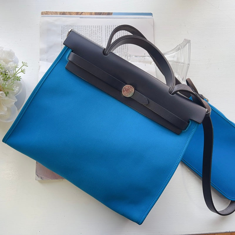 Hermes Herbag 31 PM Zip Bleu Canvas Handbag