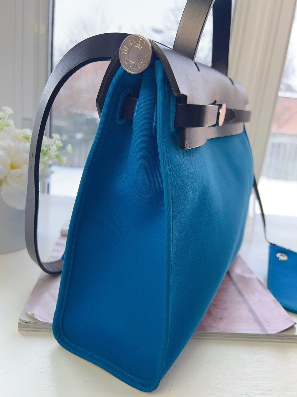 Hermes Herbag 31 PM Zip Bleu Canvas Handbag