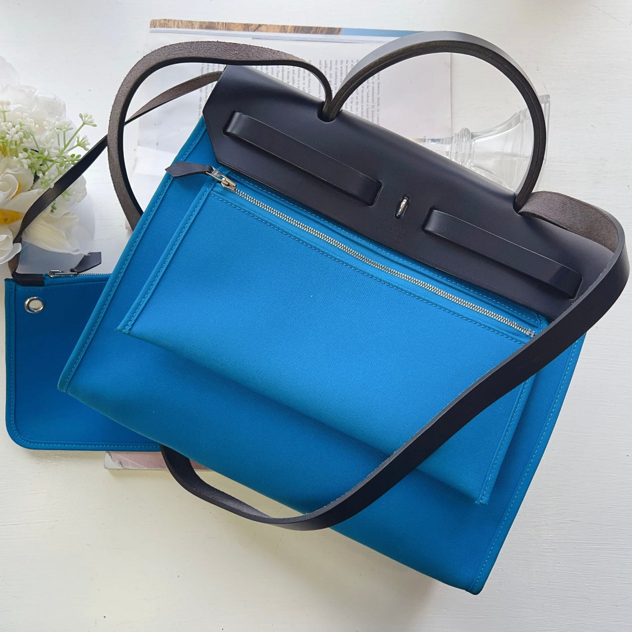 Hermes Herbag 31 PM Zip Bleu Canvas Handbag