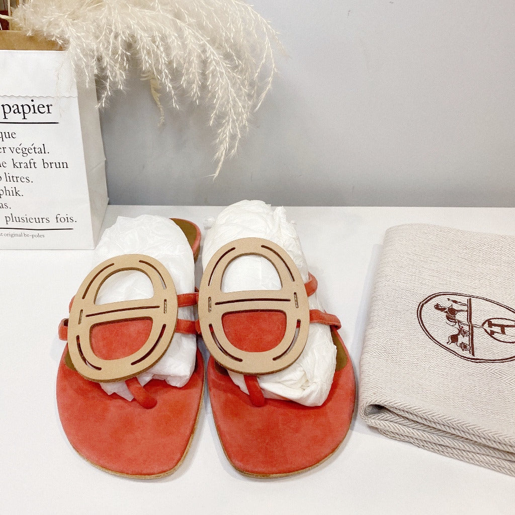 Hermes Galet chaine d'ancre Coral Pink Flat Sandals Size37.5