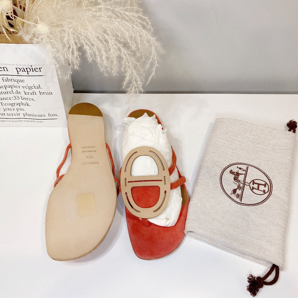 Hermes Galet chaine d'ancre Coral Pink Flat Sandals Size37.5
