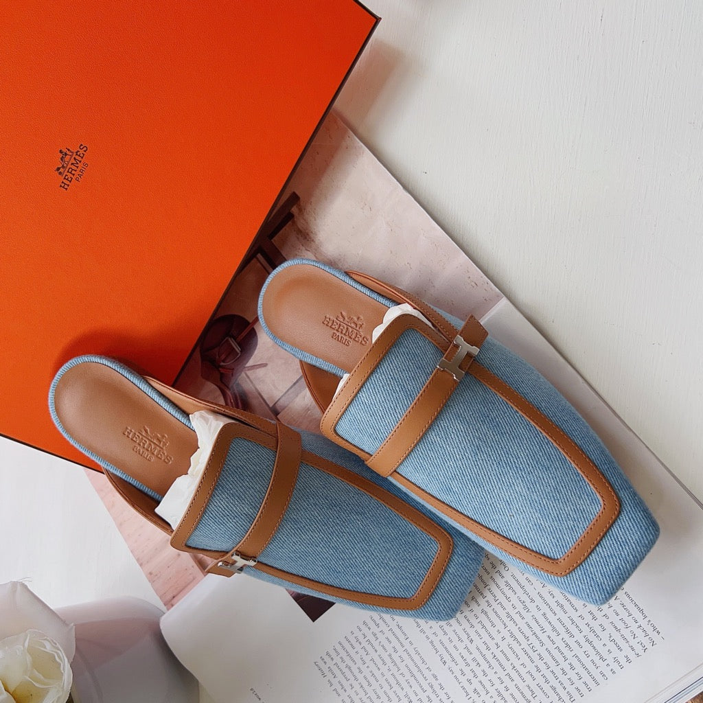 Hermes Grub Moore Denim Leather Slipper Size36 New