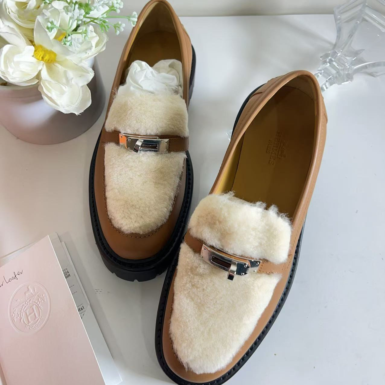 Hermes Icone Calfskin Shearling Loafers