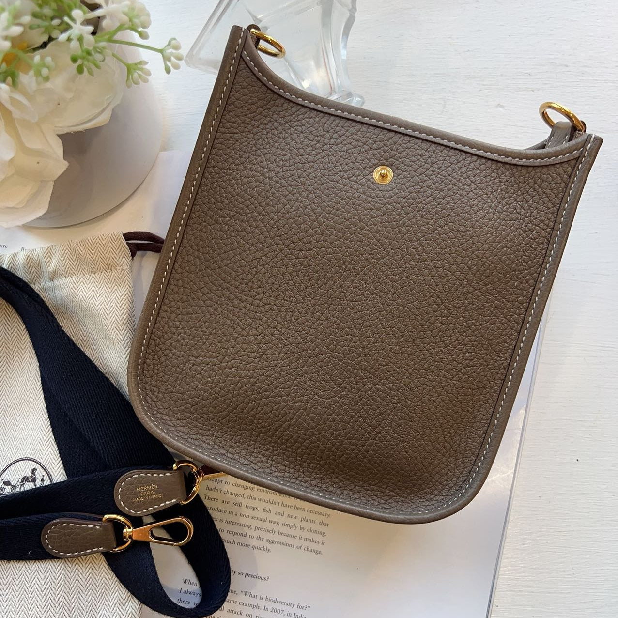 Hermes Taurillon Clemence Amazone Evelyne 16  Etoupe Bleu Indigo