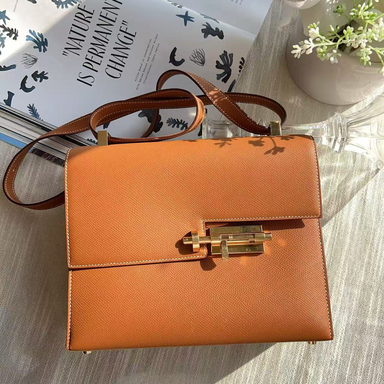 Brown handbag with gold clasp on a light surface