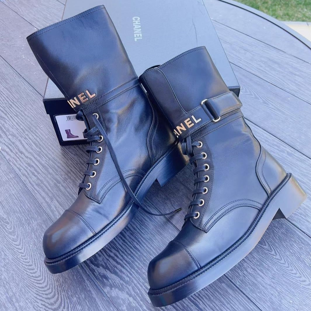 Chanel-Logo-Lace-Up-Combat-Leather-Biker-Boots1