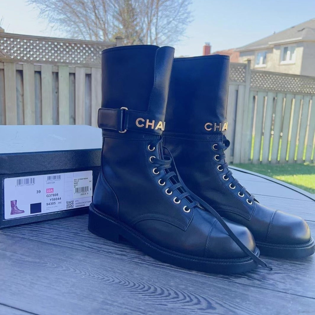 Chanel-Logo-Lace-Up-Combat-Leather-Biker-Boots2