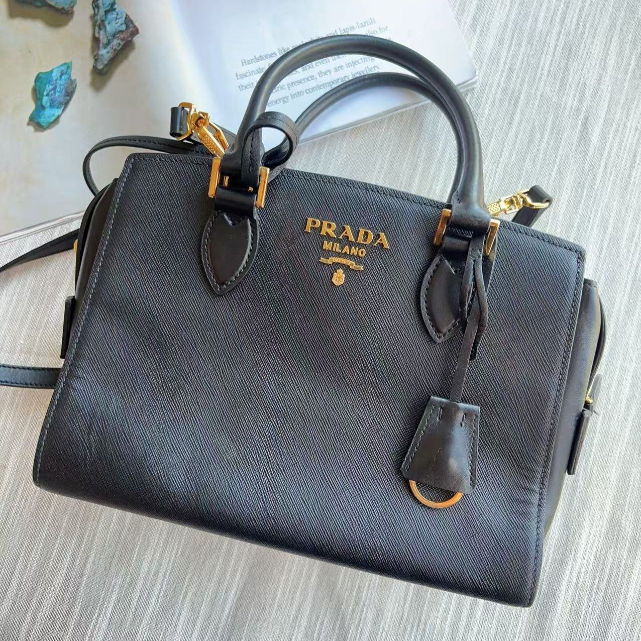 Prada Calf-Trimmed Saffiano Handle Bag Black