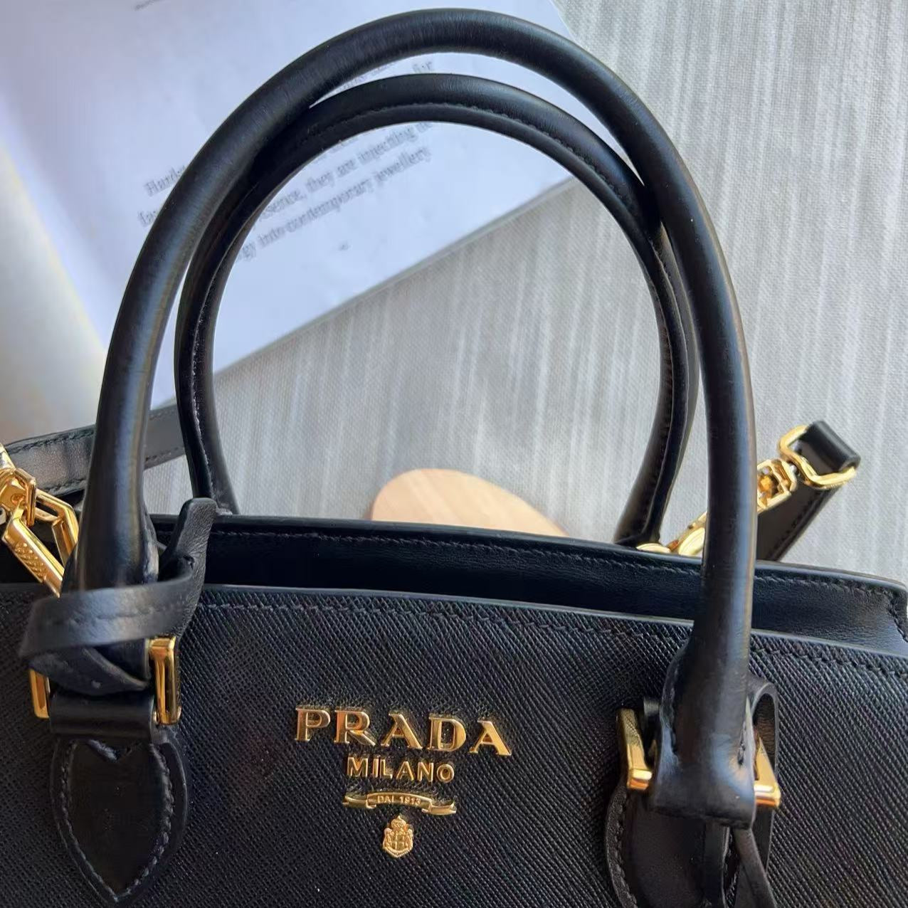 Prada Calf-Trimmed Saffiano Handle Bag Black