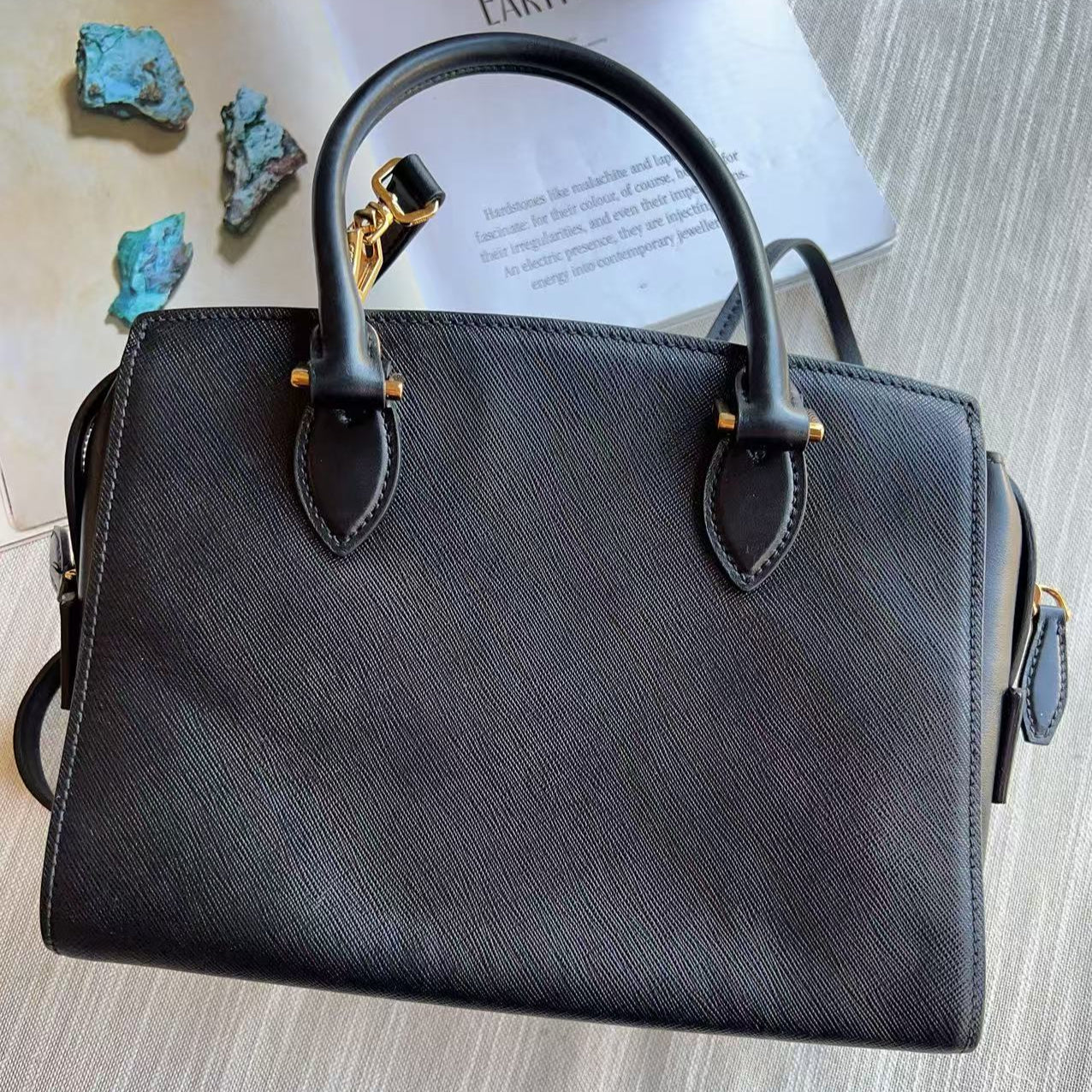 Prada Calf-Trimmed Saffiano Handle Bag Black
