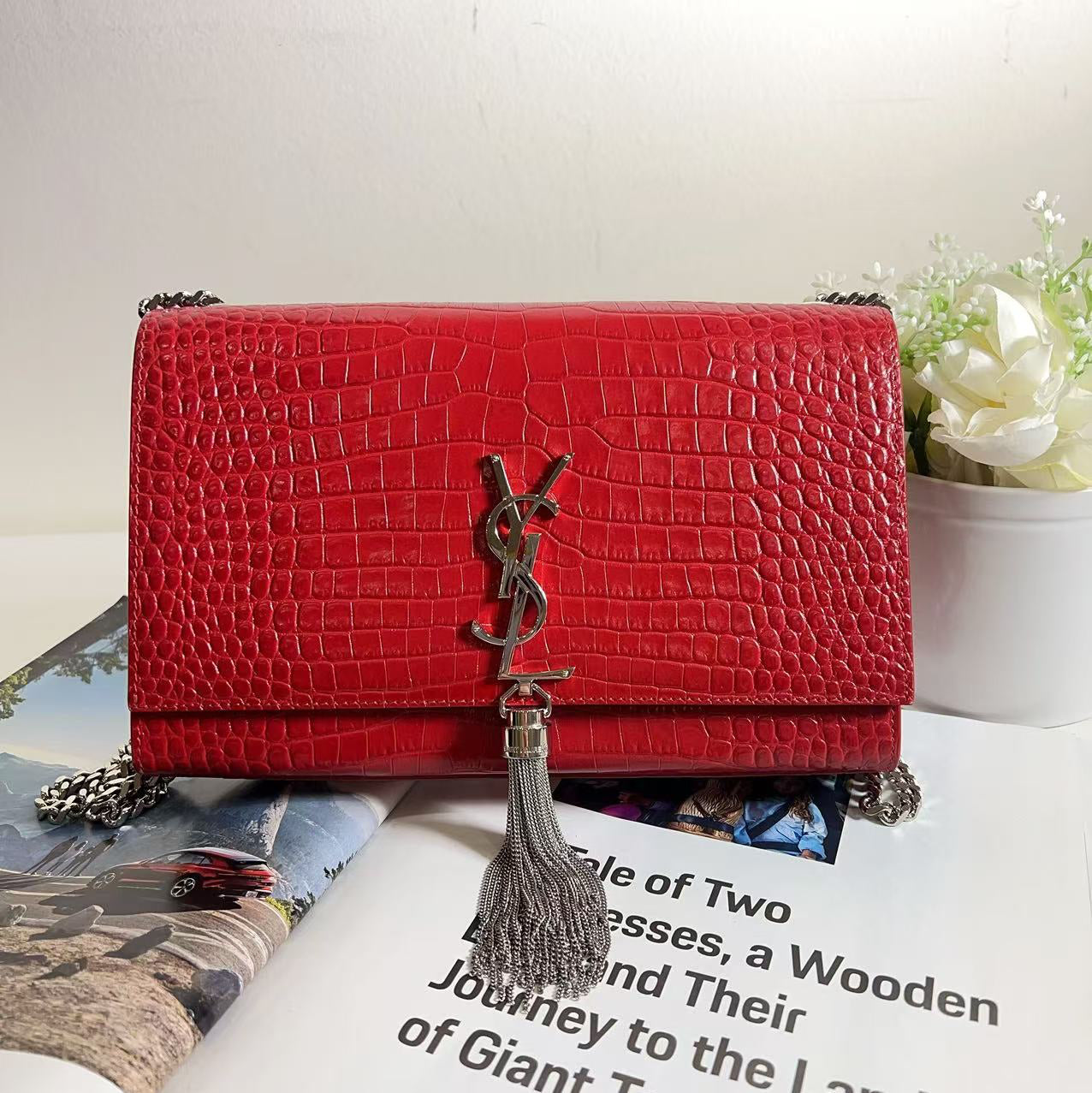 Saint Laurent Calfskin Crocodile Embossed Medium Classic Monogram Kate Tassel Satchel
