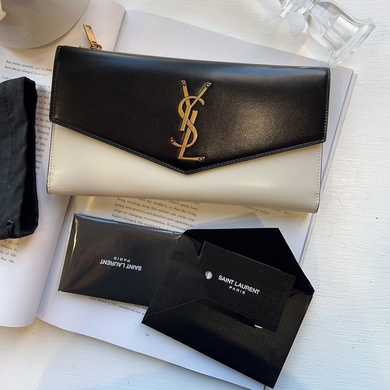 Saint Laurent Leather Clutch Black and Cream
