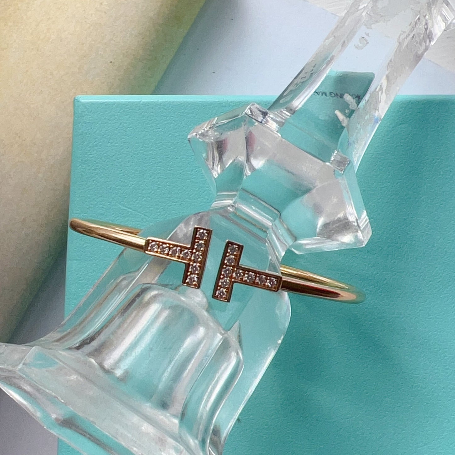 Tiffany & Co 18K Gold Diamond T Wire Bracelet S