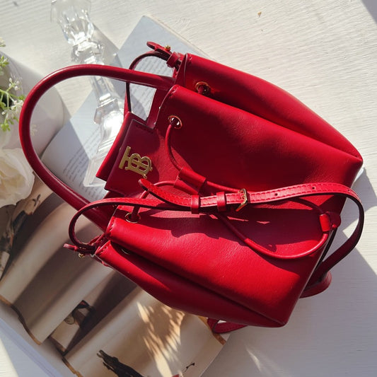 Burberry Burberry Red Leather Peony Drawstring Bucket Bag